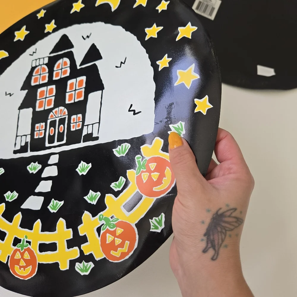 Vtg 80s Vinyl Halloween Placemats Black Cat Spooky Ghost Vinyl Nostalgia Round‎